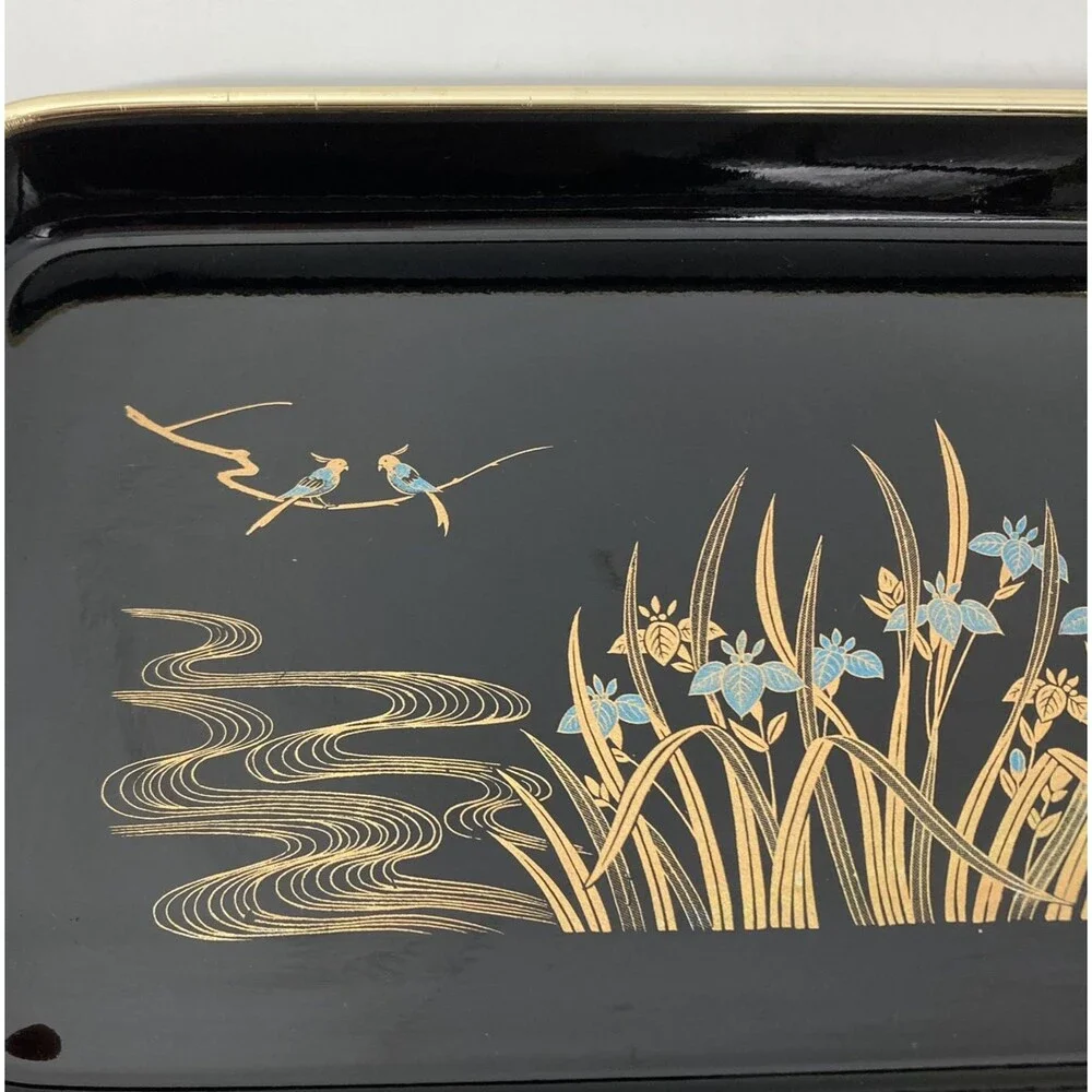 2 Set Vtg Toyo Japan Blue Iris Birds Black Lacquer Decorative Trays Gold Reeds
